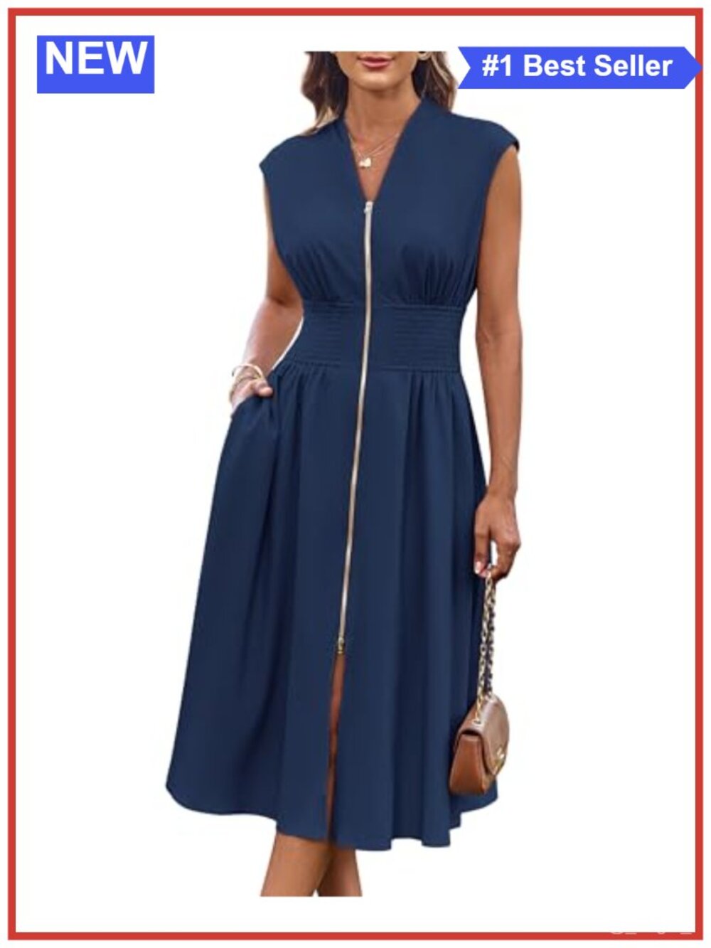 Womens Casual A-Line Midi Dress Sleeveless V-Neck Smocked Waist Pockets